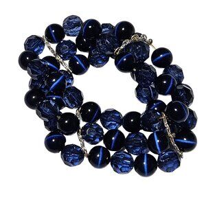 Vintage Blue Faceted Beaded Bracelet Stretch Fit Smooth Marble Beads Jewelry